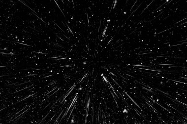 Bokeh beyaz çizgileri ve siyah arkaplan üzerindeki noktalar, soyut ışık hareketi bulanık dokusu, parçacık veya uzay yolculuğu, siyah ve beyaz ekstrüzyon etkisi