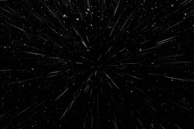 Bokeh beyaz çizgileri ve siyah arkaplan üzerindeki noktalar, soyut ışık hareketi bulanık dokusu, parçacık veya uzay yolculuğu, siyah ve beyaz ekstrüzyon etkisi