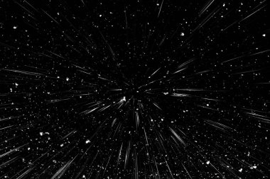 Bokeh beyaz çizgileri ve siyah arkaplan üzerindeki noktalar, soyut ışık hareketi bulanık dokusu, parçacık veya uzay yolculuğu, siyah ve beyaz ekstrüzyon etkisi