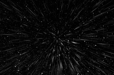 Bokeh beyaz çizgileri ve siyah arkaplan üzerindeki noktalar, soyut ışık hareketi bulanık dokusu, parçacık veya uzay yolculuğu, siyah ve beyaz ekstrüzyon etkisi