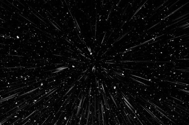 Bokeh beyaz çizgileri ve siyah arkaplan üzerindeki noktalar, soyut ışık hareketi bulanık dokusu, parçacık veya uzay yolculuğu, siyah ve beyaz ekstrüzyon etkisi