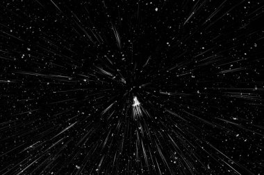 Bokeh beyaz çizgileri ve siyah arkaplan üzerindeki noktalar, soyut ışık hareketi bulanık dokusu, parçacık veya uzay yolculuğu, siyah ve beyaz ekstrüzyon etkisi