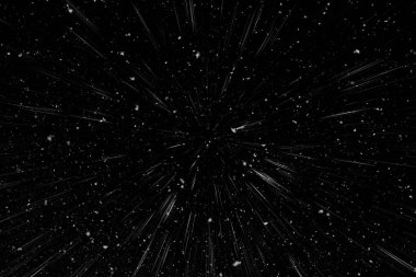 Bokeh beyaz çizgileri ve siyah arkaplan üzerindeki noktalar, soyut ışık hareketi bulanık dokusu, parçacık veya uzay yolculuğu, siyah ve beyaz ekstrüzyon etkisi