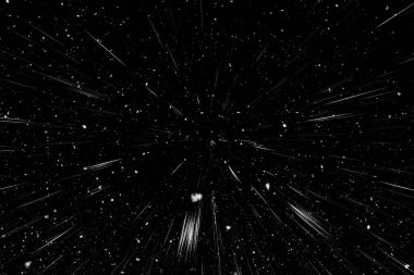 Bokeh beyaz çizgileri ve siyah arkaplan üzerindeki noktalar, soyut ışık hareketi bulanık dokusu, parçacık veya uzay yolculuğu, siyah ve beyaz ekstrüzyon etkisi