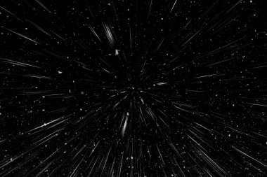 Bokeh beyaz çizgileri ve siyah arkaplan üzerindeki noktalar, soyut ışık hareketi bulanık dokusu, parçacık veya uzay yolculuğu, siyah ve beyaz ekstrüzyon etkisi