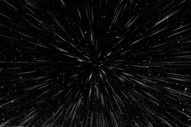 Bokeh beyaz çizgileri ve siyah arkaplan üzerindeki noktalar, soyut ışık hareketi bulanık dokusu, parçacık veya uzay yolculuğu, siyah ve beyaz ekstrüzyon etkisi
