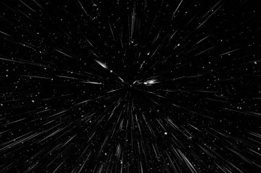 Bokeh beyaz çizgileri ve siyah arkaplan üzerindeki noktalar, soyut ışık hareketi bulanık dokusu, parçacık veya uzay yolculuğu, siyah ve beyaz ekstrüzyon etkisi