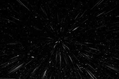 Bokeh beyaz çizgileri ve siyah arkaplan üzerindeki noktalar, soyut ışık hareketi bulanık dokusu, parçacık veya uzay yolculuğu, siyah ve beyaz ekstrüzyon etkisi