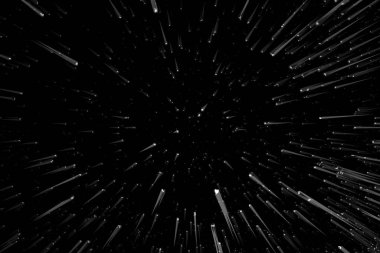 Bokeh beyaz çizgileri ve siyah arkaplan üzerindeki noktalar, soyut hız ışık hareketi bulanık dokusu, parçacık veya uzay yolculuğu, siyah ve beyaz ekstrüzyon etkisi, illüstrasyon