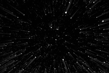 Bokeh beyaz çizgileri ve siyah arkaplan üzerindeki noktalar, soyut hız ışık hareketi bulanık dokusu, parçacık veya uzay yolculuğu, siyah ve beyaz ekstrüzyon etkisi, illüstrasyon