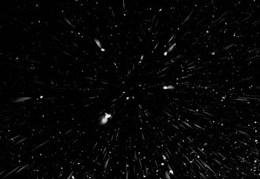 Bokeh beyaz çizgileri ve siyah arkaplan üzerindeki noktalar, soyut hız ışık hareketi bulanık dokusu, parçacık veya uzay yolculuğu, siyah ve beyaz ekstrüzyon etkisi, illüstrasyon