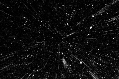 Bokeh beyaz çizgileri ve siyah arkaplan üzerindeki noktalar, soyut hız ışık hareketi bulanık dokusu, parçacık veya uzay yolculuğu, siyah ve beyaz ekstrüzyon etkisi, illüstrasyon