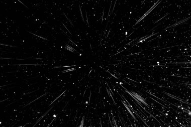 Bokeh beyaz çizgileri ve siyah arkaplan üzerindeki noktalar, soyut hız ışık hareketi bulanık dokusu, parçacık veya uzay yolculuğu, siyah ve beyaz ekstrüzyon etkisi, illüstrasyon