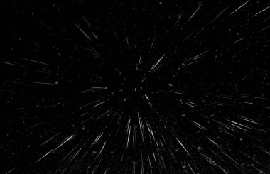 Bokeh beyaz çizgileri ve siyah arkaplan üzerindeki noktalar, soyut hız ışık hareketi bulanık dokusu, parçacık veya uzay yolculuğu, siyah ve beyaz ekstrüzyon etkisi, illüstrasyon