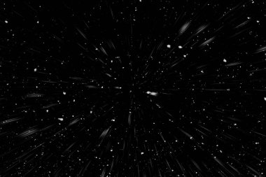Bokeh beyaz çizgileri ve siyah arkaplan üzerindeki noktalar, soyut hız ışık hareketi bulanık dokusu, parçacık veya uzay yolculuğu, siyah ve beyaz ekstrüzyon etkisi, illüstrasyon