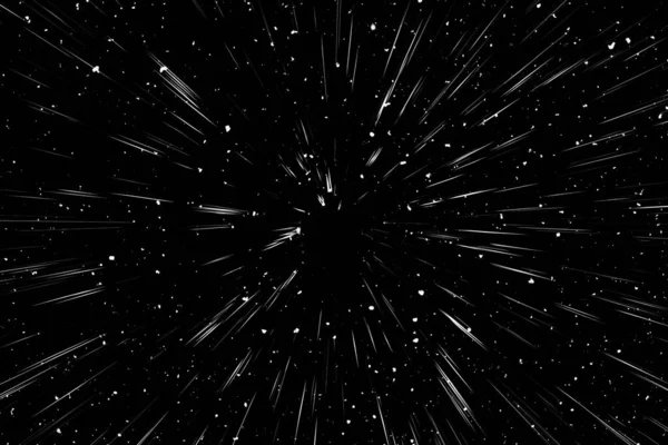 Siyah arkaplan üzerindeki Bokeh beyaz çizgileri, soyut hız ışık hareketi bulanık dokusu, yıldız parçacığı veya uzay yolculuğu, siyah ve beyaz ekstrüzyon etkisi