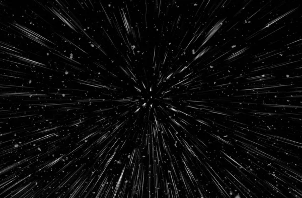 Bokeh beyaz çizgileri ve siyah arkaplan üzerindeki noktalar, soyut ışık hareketi bulanık dokusu, parçacık veya uzay yolculuğu, siyah ve beyaz ekstrüzyon etkisi