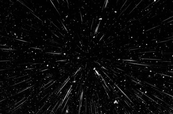 Bokeh beyaz çizgileri ve siyah arkaplan üzerindeki noktalar, soyut ışık hareketi bulanık dokusu, parçacık veya uzay yolculuğu, siyah ve beyaz ekstrüzyon etkisi