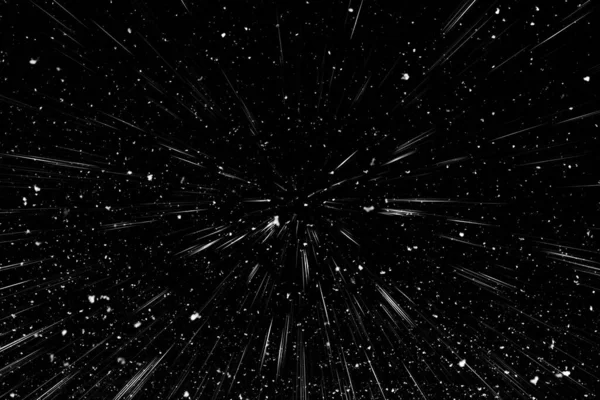 Bokeh beyaz çizgileri ve siyah arkaplan üzerindeki noktalar, soyut ışık hareketi bulanık dokusu, parçacık veya uzay yolculuğu, siyah ve beyaz ekstrüzyon etkisi