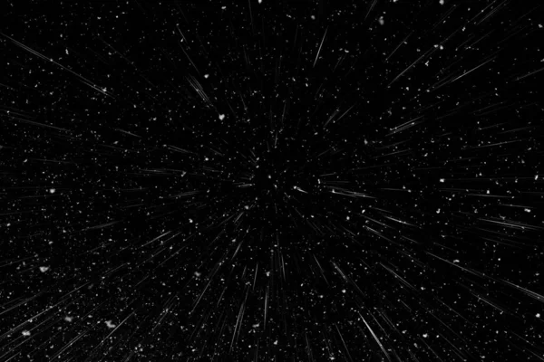 Bokeh beyaz çizgileri ve siyah arkaplan üzerindeki noktalar, soyut ışık hareketi bulanık dokusu, parçacık veya uzay yolculuğu, siyah ve beyaz ekstrüzyon etkisi