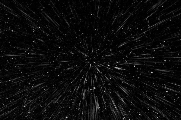 Bokeh beyaz çizgileri ve siyah arkaplan üzerindeki noktalar, soyut ışık hareketi bulanık dokusu, parçacık veya uzay yolculuğu, siyah ve beyaz ekstrüzyon etkisi