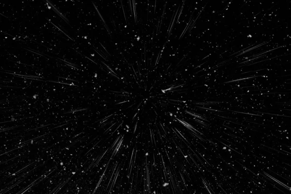 Bokeh beyaz çizgileri ve siyah arkaplan üzerindeki noktalar, soyut ışık hareketi bulanık dokusu, parçacık veya uzay yolculuğu, siyah ve beyaz ekstrüzyon etkisi