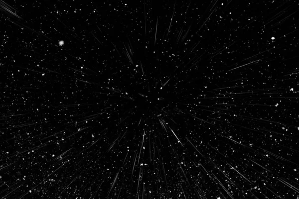 Bokeh beyaz çizgileri ve siyah arkaplan üzerindeki noktalar, soyut ışık hareketi bulanık dokusu, parçacık veya uzay yolculuğu, siyah ve beyaz ekstrüzyon etkisi