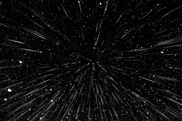 Bokeh beyaz çizgileri ve siyah arkaplan üzerindeki noktalar, soyut ışık hareketi bulanık dokusu, parçacık veya uzay yolculuğu, siyah ve beyaz ekstrüzyon etkisi