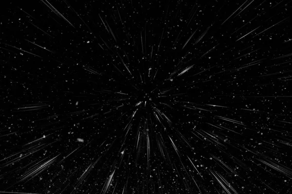 Bokeh beyaz çizgileri ve siyah arkaplan üzerindeki noktalar, soyut ışık hareketi bulanık dokusu, parçacık veya uzay yolculuğu, siyah ve beyaz ekstrüzyon etkisi