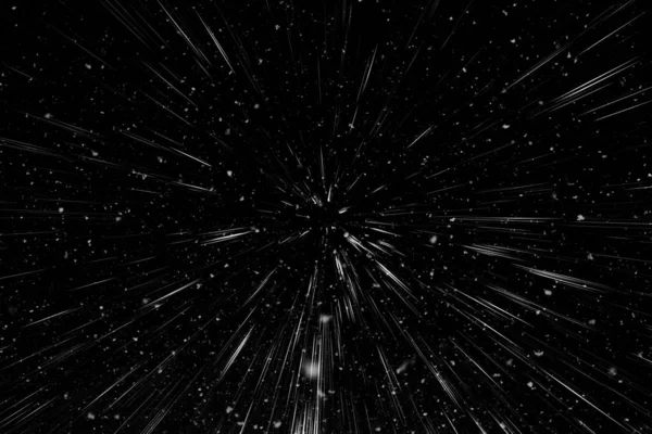 Bokeh beyaz çizgileri ve siyah arkaplan üzerindeki noktalar, soyut ışık hareketi bulanık dokusu, parçacık veya uzay yolculuğu, siyah ve beyaz ekstrüzyon etkisi