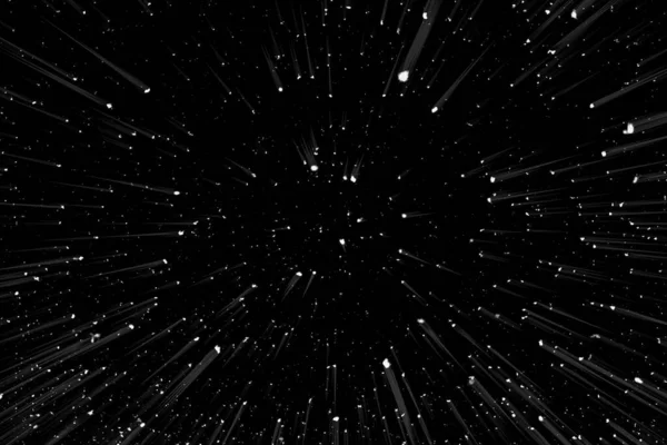 Bokeh beyaz çizgileri ve siyah arkaplan üzerindeki noktalar, soyut hız ışık hareketi bulanık dokusu, parçacık veya uzay yolculuğu, siyah ve beyaz ekstrüzyon etkisi, illüstrasyon