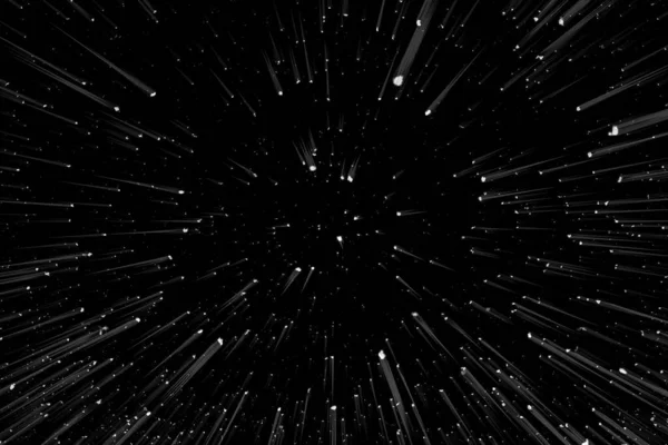 Bokeh beyaz çizgileri ve siyah arkaplan üzerindeki noktalar, soyut hız ışık hareketi bulanık dokusu, parçacık veya uzay yolculuğu, siyah ve beyaz ekstrüzyon etkisi, illüstrasyon