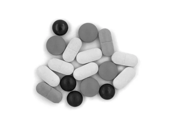 Schwarz Weiße Tabletten Pillen Auf Weißem Hintergrund — Stockfoto