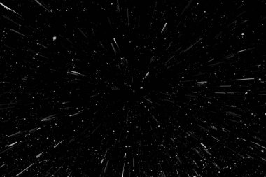 Siyah arkaplan üzerindeki Bokeh beyaz çizgileri, soyut hız ışık hareketi bulanık dokusu, parçacık veya uzay yolculuğu, siyah ve beyaz ekstrüzyon etkisi