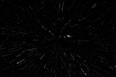 Siyah arkaplan üzerindeki Bokeh beyaz çizgileri, soyut hız ışık hareketi bulanık dokusu, parçacık veya uzay yolculuğu, siyah ve beyaz ekstrüzyon etkisi