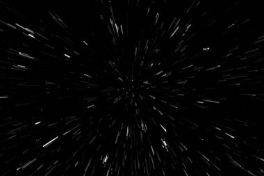 Siyah arkaplan üzerindeki Bokeh beyaz çizgileri, soyut hız ışık hareketi bulanık dokusu, parçacık veya uzay yolculuğu, siyah ve beyaz ekstrüzyon etkisi