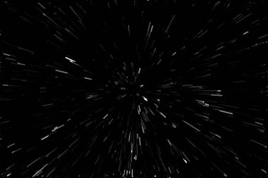 Siyah arkaplan üzerindeki Bokeh beyaz çizgileri, soyut hız ışık hareketi bulanık dokusu, parçacık veya uzay yolculuğu, siyah ve beyaz ekstrüzyon etkisi