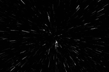 Siyah arkaplan üzerindeki Bokeh beyaz çizgileri, soyut hız ışık hareketi bulanık dokusu, parçacık veya uzay yolculuğu, siyah ve beyaz ekstrüzyon etkisi