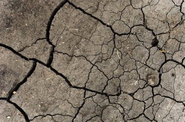 Gri kurumuş ve toprak altyapısı çatlamış. Kuru, karanlık zemine yakın bir yerde. Toprak dokusunda gri çatlak. erozyon