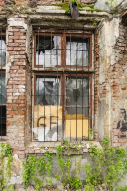 Eski cam ve pencereler savaştan sonra terkedilmiş bir evde.