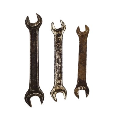 Eski paslı flamalar beyaz arka planda izole edilmiş. İngiliz anahtarı kapat.