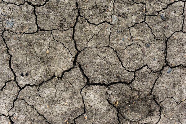 Серый высохший и потрескавшийся почвенный фон. Крупный план сухой трещины темной почвы. Серый трещина на земле текстуры. эрозия