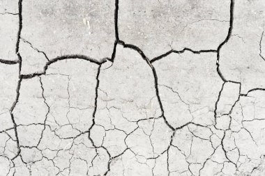 Beyaz kurumuş ve çatlamış toprak arka planı. Kuru yarık alanına yakın. Toprak dokusunda gri çatlak. erozyon