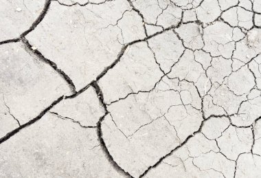 Beyaz kurumuş ve çatlamış toprak arka planı. Kuru yarık alanına yakın. Toprak dokusunda gri çatlak. erozyon