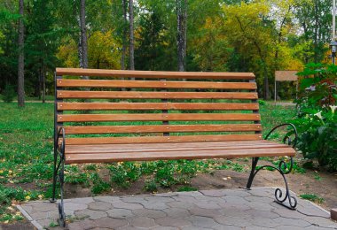 Ağaçların arkasındaki boş ahşap bank