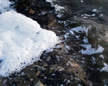 Sahilde beyaz köpük birikintileri var. Su yüzeyi dokusu arka plan, nehir köpüğü, kümülüs köpüğü, hava köpüğü, bej deniz gölü köpüğü, su üzerinde köpüklü kabarcıklar.