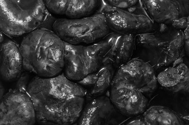 Su arka planında siyah mantar şapkaları, siyah beyaz fotoğraf.