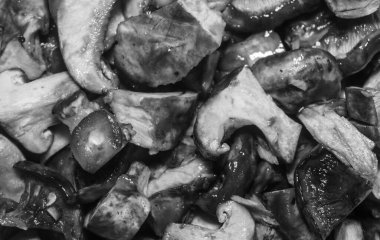 Islak çiğ mantar arkaplan dokusu. Küçük mantar parçaları, yakın plan, siyah beyaz fotoğraf.