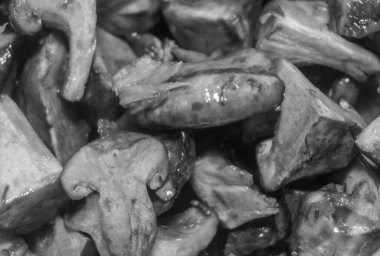 Islak çiğ mantar arkaplan dokusu. Küçük mantar parçaları, yakın plan, siyah beyaz fotoğraf.