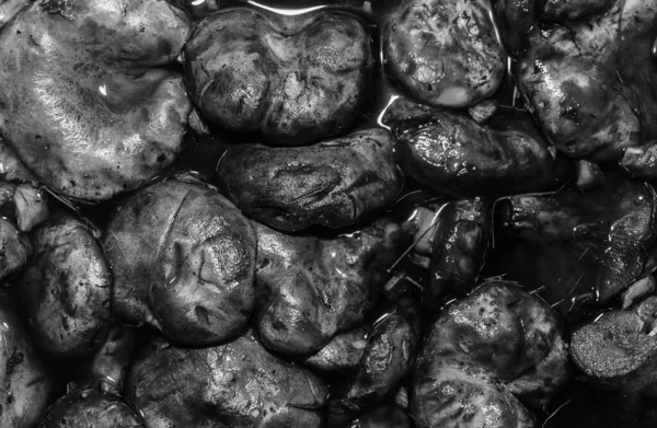 Su arka planında siyah mantar şapkaları, siyah beyaz fotoğraf.